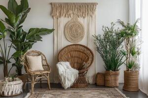 This cozy bohemian living room features natural textures, greenery, and a stylish arrangement of wicker and rattan furniture, creating a serene and inviting atmosphere. photo