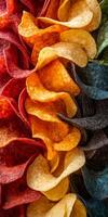 This vibrant assortment of tortilla chips showcases a variety of colors and textures, perfect for parties or casual snacking. Ideal for sharing and serving with dips. photo
