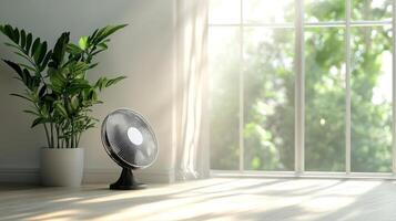 A bright indoor scene featuring a standing fan and a vibrant green plant beside a large window, evoking a feeling of tranquility and freshness. photo