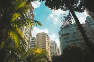 A stunning view of tall buildings surrounded by lush greenery, set against a bright blue sky with fluffy clouds. photo