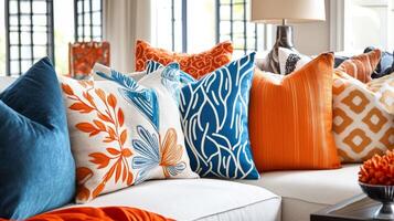 A couch with a variety of pillows on it. The pillows are blue, orange, and white photo
