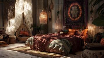 Explore a warm and inviting bohemian bedroom featuring rich textiles, natural light, and rustic decor. Perfect for relaxation and aesthetic inspiration. photo