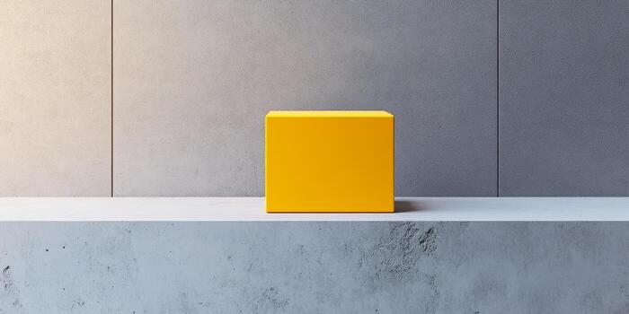 un vibrante amarillo caja se sienta esmeradamente en un minimalista hormigón estante en contra un gris fondo. esta composición Destacar sencillez y geométrico diseño, Perfecto para moderno decoración. foto