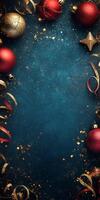 Elegant Christmas-themed background featuring red and gold ornaments and ribbons on a dark blue textured surface, perfect for holiday designs. photo