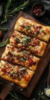 A pizza with herbs and cheese on a wooden board. The pizza is cut into six pieces. The table is covered with various items, including a spoon, a bowl, and a bottle photo