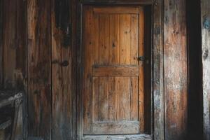 Close-up of an aged wooden door in a rustic cabin, showcasing natural textures and warm, earthy tones. photo