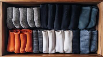 A top-down view of a drawer filled with neatly arranged socks in different colors and textures, showcasing organization and fashion. photo