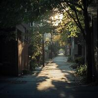 A serene urban alleyway bathed in warm sunset light, with trees casting intricate shadows on the path. photo