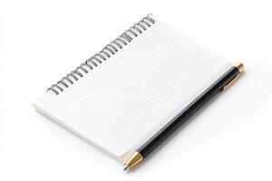 Open spiral notebook with a black pen on a white background, ideal for office, school, or creative projects. photo