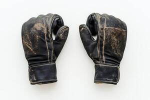 A pair of worn vintage leather boxing gloves displayed on a white background, highlighting their rustic appeal and historical significance. photo