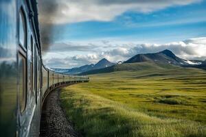 Majestic Train Journey Through Scenic Mountains photo