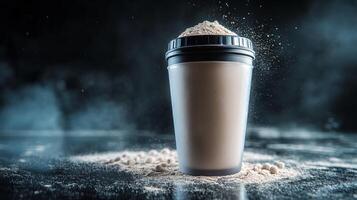 A plastic cup filled with a creamy protein shake stands on a surface covered with protein powder. The dynamic scene captures the essence of fitness nutrition and health. photo