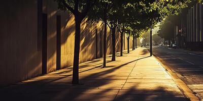 A serene city street with trees casting long shadows on the sidewalk, bathed in warm morning sunlight. photo