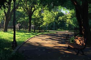 A peaceful city park with a sunlit pathway, surrounded by lush green trees and benches, offering a tranquil escape in an urban environment. photo