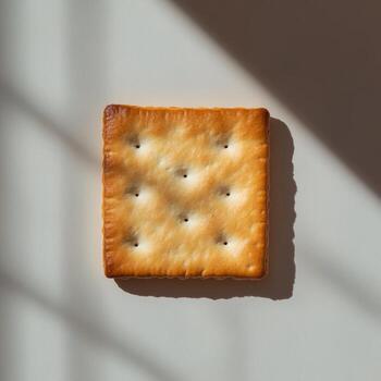 A simple yet appealing golden brown square cracker rests against a soft background. Its texture and shadows emphasize its crispness, perfect for various culinary uses. photo