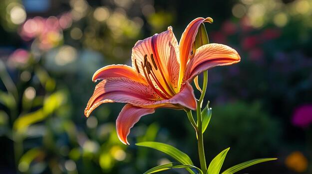 A single orange flower with a yellow center is the main focus of the image. The flower is surrounded by green leaves and is positioned in the foreground of the photo