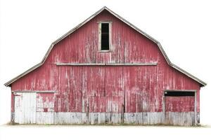 A charming red barn stands with a weathered wood exterior against a clean white backdrop, embodying rustic charm and countryside nostalgia, ideal for agriculture themes. photo