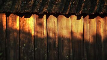 This image captures a rustic wooden fence bathed in warm golden light, highlighting the texture and shadows of the aged wood. Perfect for nature themes. photo