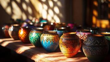 A table with many colorful vases on it. Some of the vases are green, yellow, and blue photo