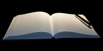 An open blank book with a pen on a dark background, symbolizing creativity, writing, and potential. photo