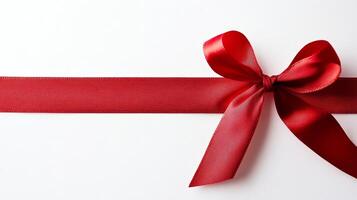 Close-up of a vibrant red ribbon tied in a bow on a white background, perfect for holiday, gift, and celebration themes. photo