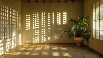 A minimalist room with sunlight casting geometric shadows on the walls and floor, featuring a potted plant in a serene setting. photo