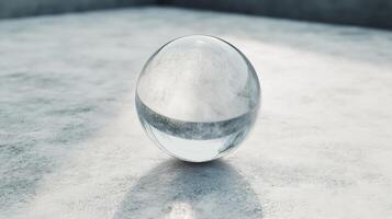 A clear glass ball is sitting on a grey surface. The ball is round and has a shiny surface photo