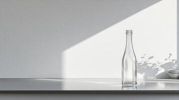 A clear glass bottle on a minimalist countertop with sunlight casting soft shadows, perfect for modern design and simplicity themes. photo