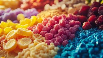 A pile of colorful candy with a blue and green section. There are many different colors of candy, including yellow, red, and purple photo