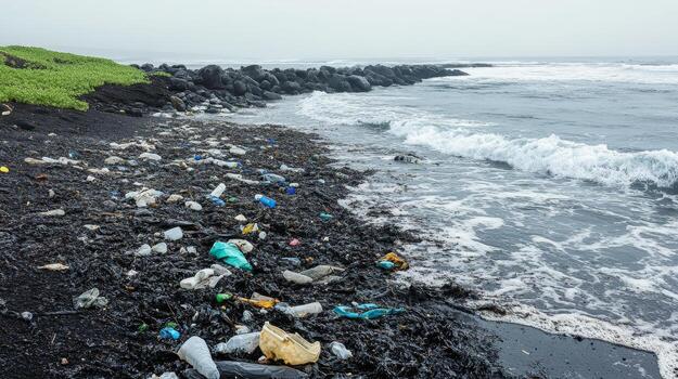 A polluted beach littered with plastic debris and waste, with waves crashing on the shoreline. The image highlights environmental issues affecting coastal areas. photo