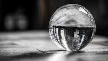 A clear glass ball is sitting on a table. The ball is reflecting the light from the window photo