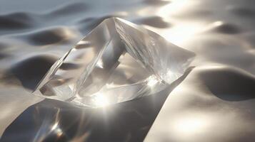 A beautiful transparent crystal on a smooth surface, capturing soft reflections and gentle lighting for an elegant and serene atmosphere. photo