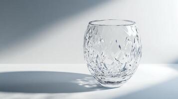 A beautifully crafted crystal glass with detailed patterns, casting artistic shadows on a minimalist surface under soft lighting. photo