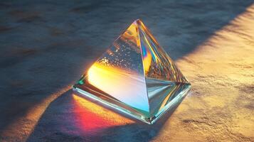 A captivating glass pyramid reflecting vibrant colors on a textured surface, creating a mesmerizing play of light and shadow. photo