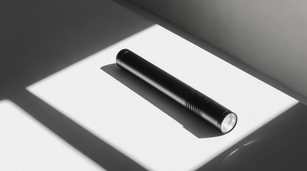 A black flashlight is on a white surface. The light is on and the flashlight is turned off photo