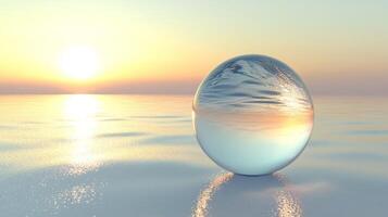 A large glass ball is sitting on the water. The sun is setting in the background. The water is calm and still photo
