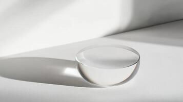 A clear glass sphere casting soft shadows on a white surface, illuminated by natural light in a minimalist setting. photo