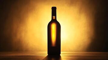 A wine bottle silhouette set against a glowing golden background, perfect for themes of elegance, luxury, and fine dining. photo