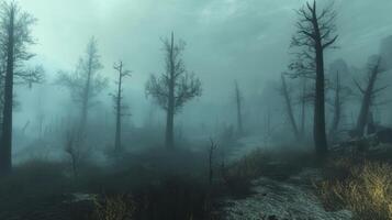 A hauntingly beautiful foggy forest landscape featuring barren trees, shrouded in mist. The scene evokes a sense of mystery and solitude, perfect for atmospheric visuals. photo