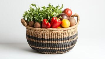 A basket full of fruits and vegetables including apples, oranges, and potatoes. The basket is woven and has a black and white pattern photo
