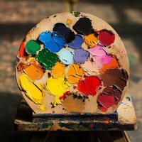 Close-up of a colorful artist palette with various paint blobs, showcasing creativity and artistic expression in a sunlit studio. photo