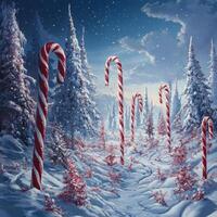 Painting of a snowy forest with a path of red and white candy canes. The mood of the painting is festive and joyful photo