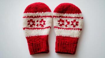 Warm red and white knitted mittens featuring a Nordic pattern, perfect for winter fashion and holiday themes. photo