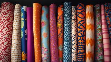 A vibrant collection of fabric rolls featuring various patterns and colors, perfect for fashion designers and interior decorators. photo