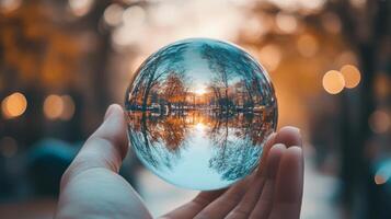 A hand holding a glass ball with a reflection of trees in the water. The reflection is blurry and the trees are in the background photo