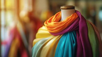 A colorful scarf is hanging on a mannequin. The scarf is multicolored and has a gold trim photo
