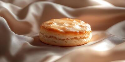 A beautiful close-up of a fluffy biscuit placed on smooth satin fabric. The warm lighting highlights its golden color and flaky texture, creating an inviting culinary scene. photo