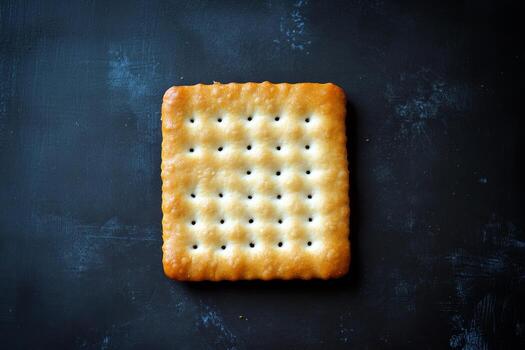A golden crisp square cracker rests on a dark wooden surface, showcasing its simple yet appealing design. Perfect for food photography and culinary uses. photo