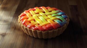 A colorful rainbow lattice pie on a wooden table, highlighting creative baking and vibrant culinary art. photo