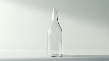 A clear glass bottle is sitting on a table. The bottle is empty and has a clear glass top photo